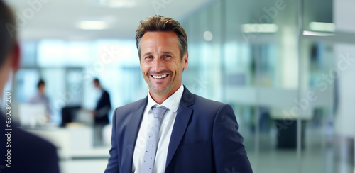 Businessman standing competently and friendly in the hallway of a modern company - theme business, business relations or managing director - Generative AI photo