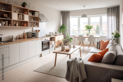 An interior in scandinavian style. Small living room and kitchen. Generative AI