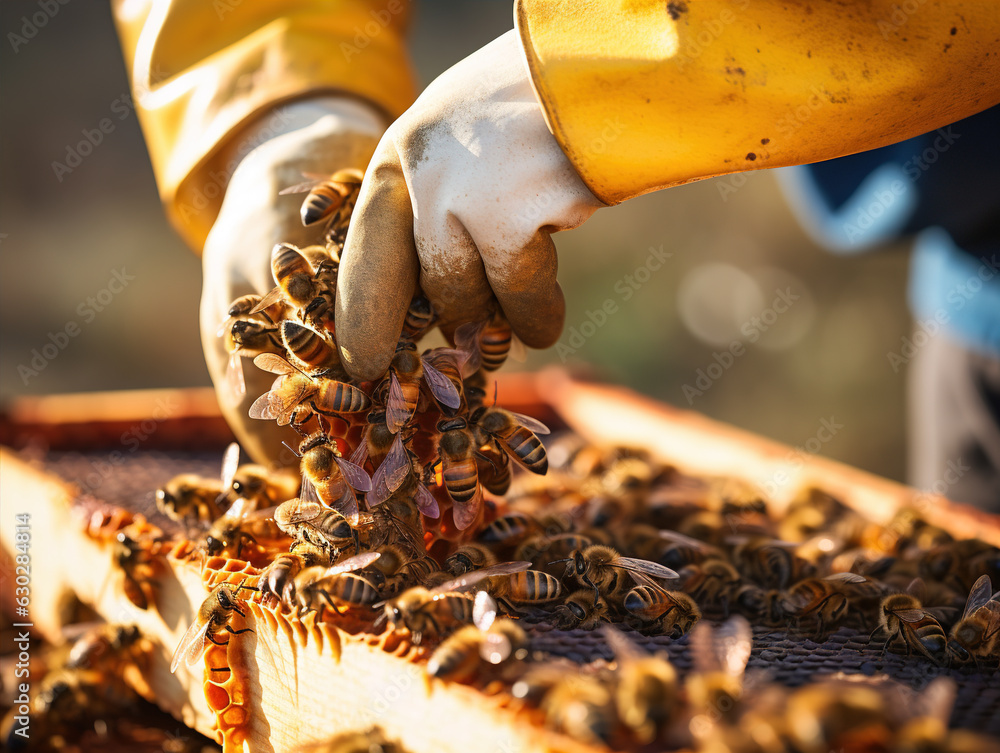 Beekeeping A closeup of hands tending to a beehive, highlighting the