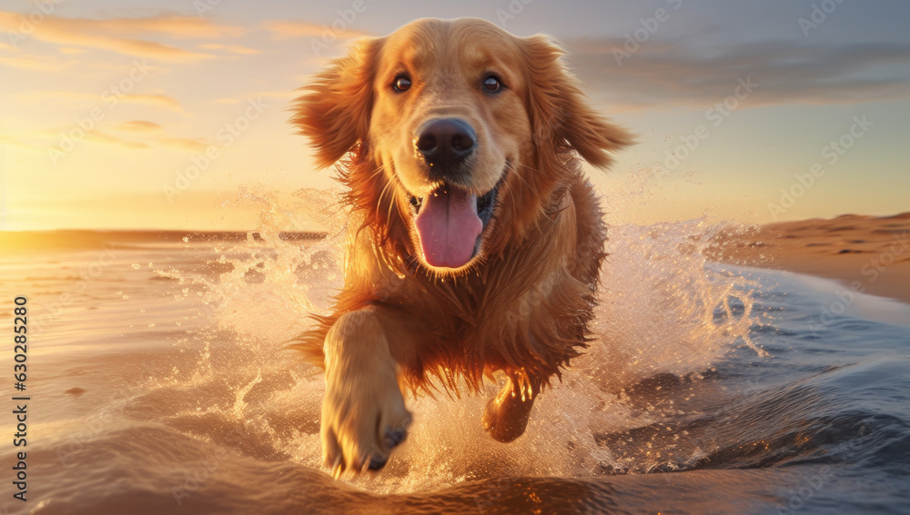 Happy Dog Runs on Water. Active Pet Enjoying Fun with Friends in the Ocean. Playful Puppy Experiencing Joyful Moments in the Sun and Sand.