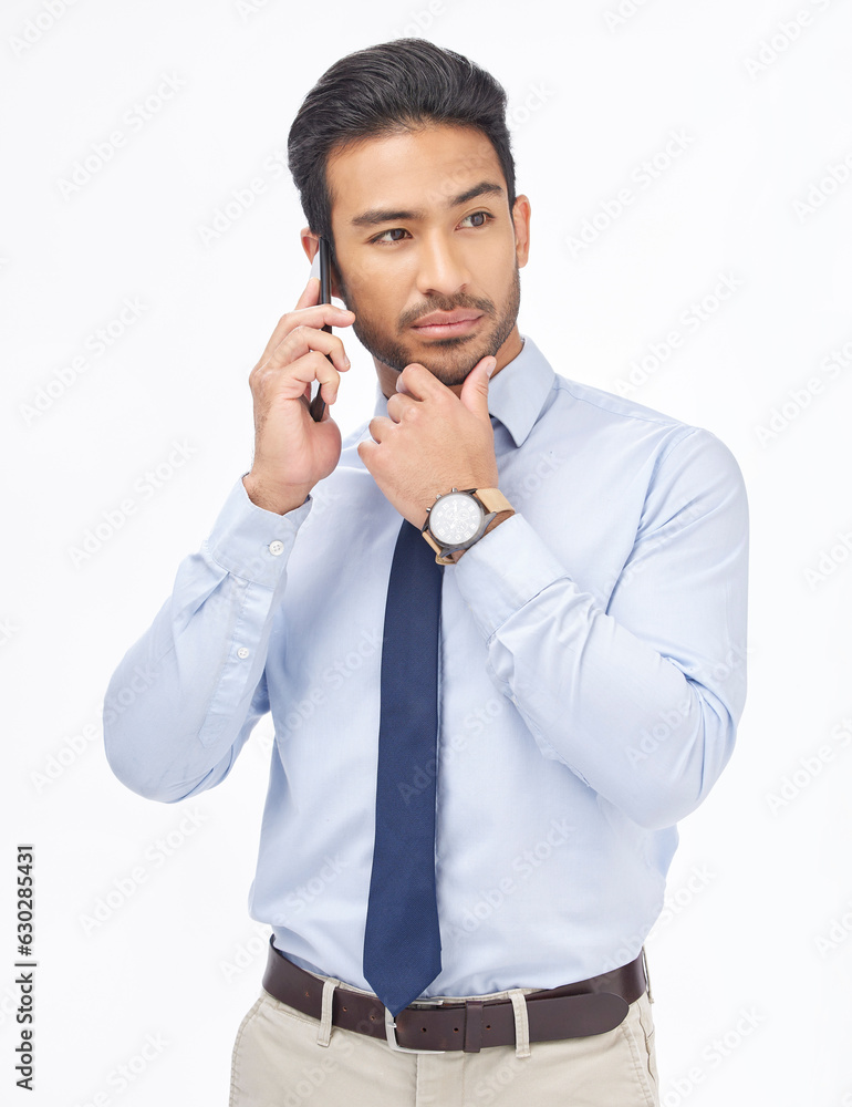 Smartphone call, studio and confident corporate man, real estate agent or consultant networking, consulting and talking with contact. Thinking, mobile phone or male realtor pose on white background Smartphone call, studio and confident corporate man, real estate agent or consultant networking, consulting and talking with contact. Thinking, mobile phone or male realtor pose on white background