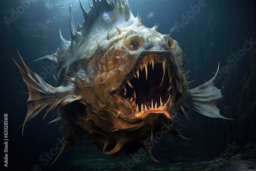 common fangtooth, known as Anoplogaster, resides in ocean depths. With its menacing teeth resembling fangs, this predator has successfully adapted to survive in the extreme conditions. AI-Generated photo