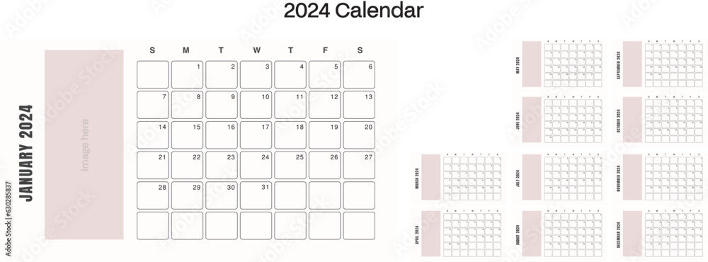 Calendar 2024 week start Sunday corporate design planner template - obrazy, fototapety, plakaty 
