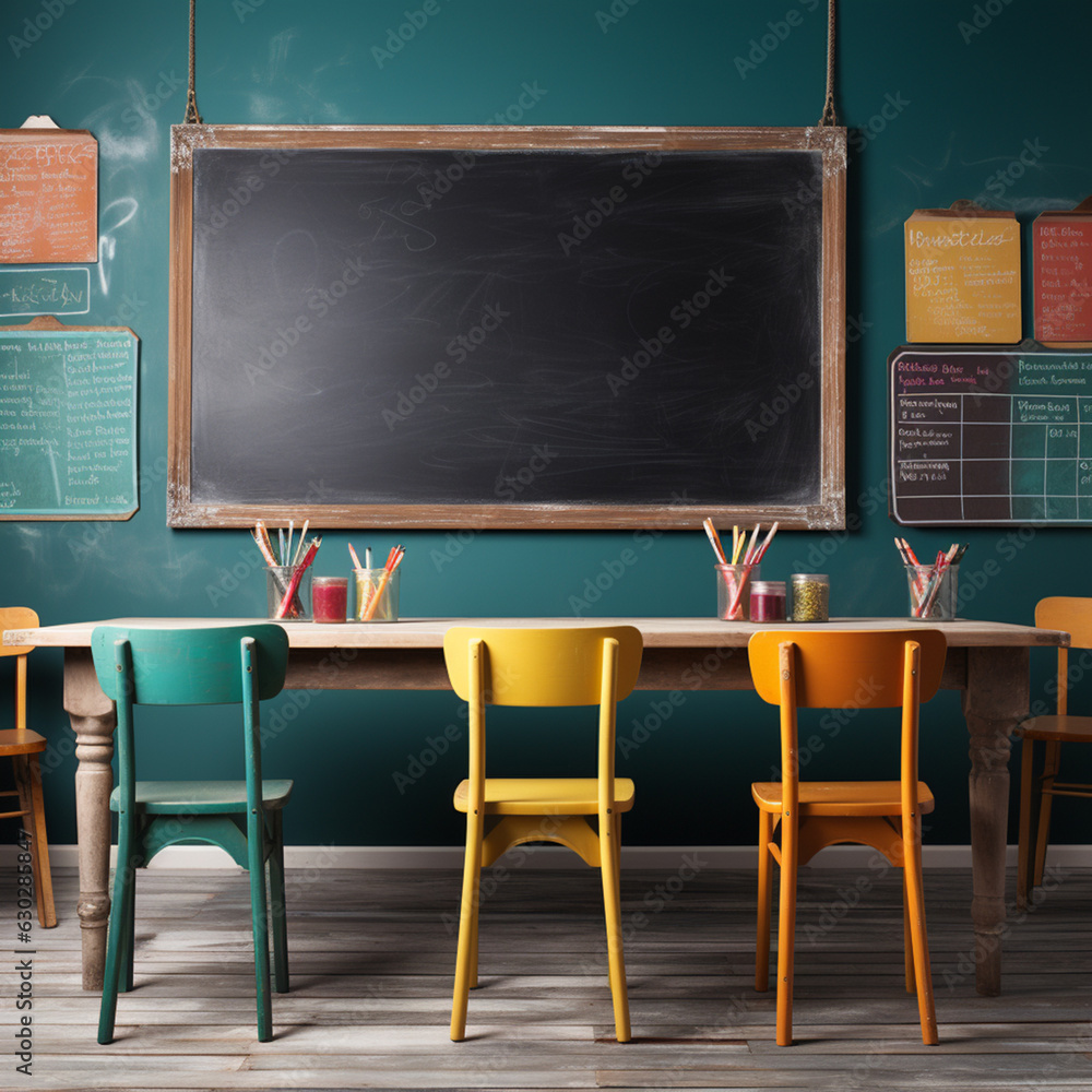 Klassenzimmer mit Tafel und Schulbank Klassenzimmer mit Tafel und Schulbank