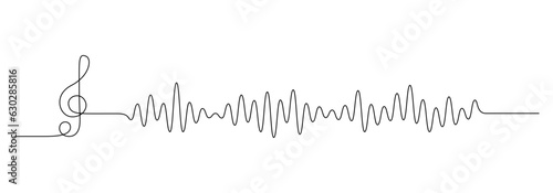 Continuous one line drawing of sound wave with note clef. Music soundtrack and radio concept in simple linear style. Editable stroke. Doodle vector illustration