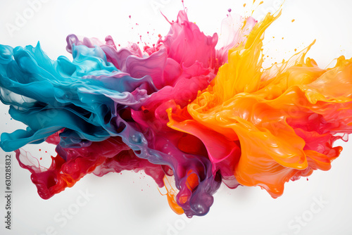 Colorful paint Splashes on White. Colored Liquid. Paint Explosion. Generative AI. photo