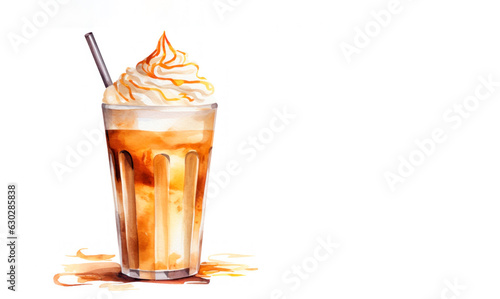 Latte in Glass with Cream. Hot Beverage on white Bakcground with Copy Space. Cream Decorated Frappe. Frappé Served with Cream and Sweet Caramel Sauce. Generative AI.  photo