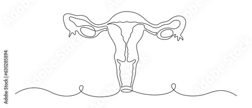 One continuous line drawing of woman uterus. Ovary and womb reproductive system in simple linear style for logo and web banner gynecology medical clinic. Editable stroke. Doodle vector illustration