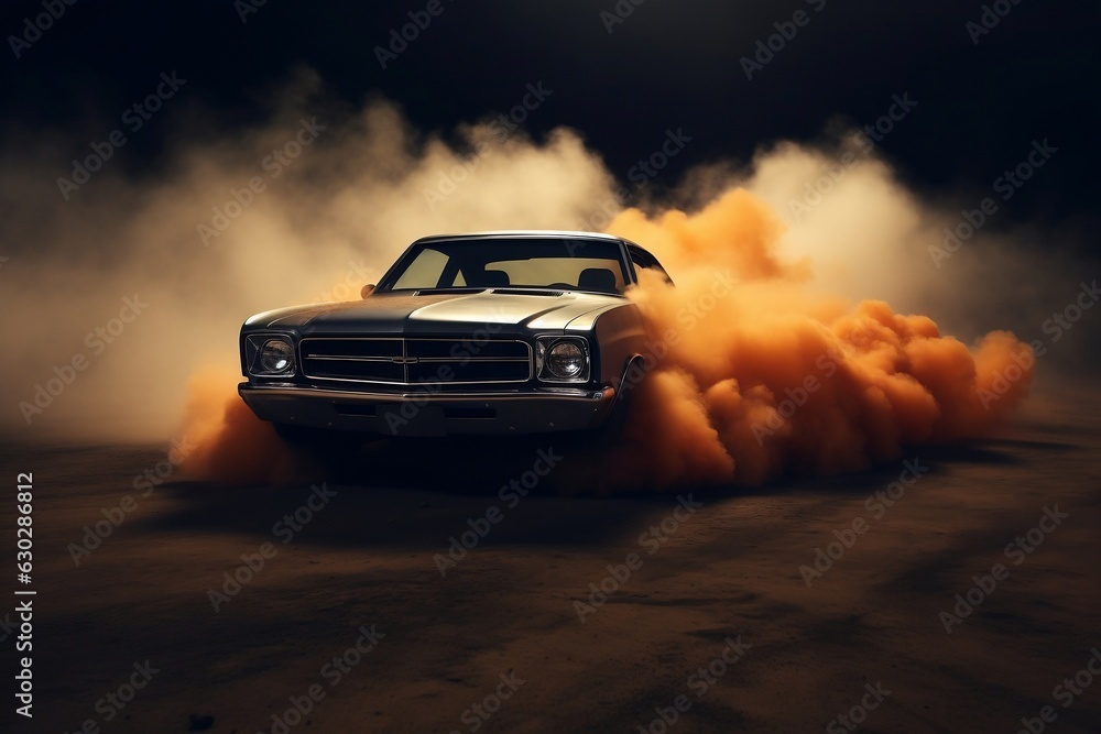 Vintage muscle car in the desert, making clouds. Generative Ai
