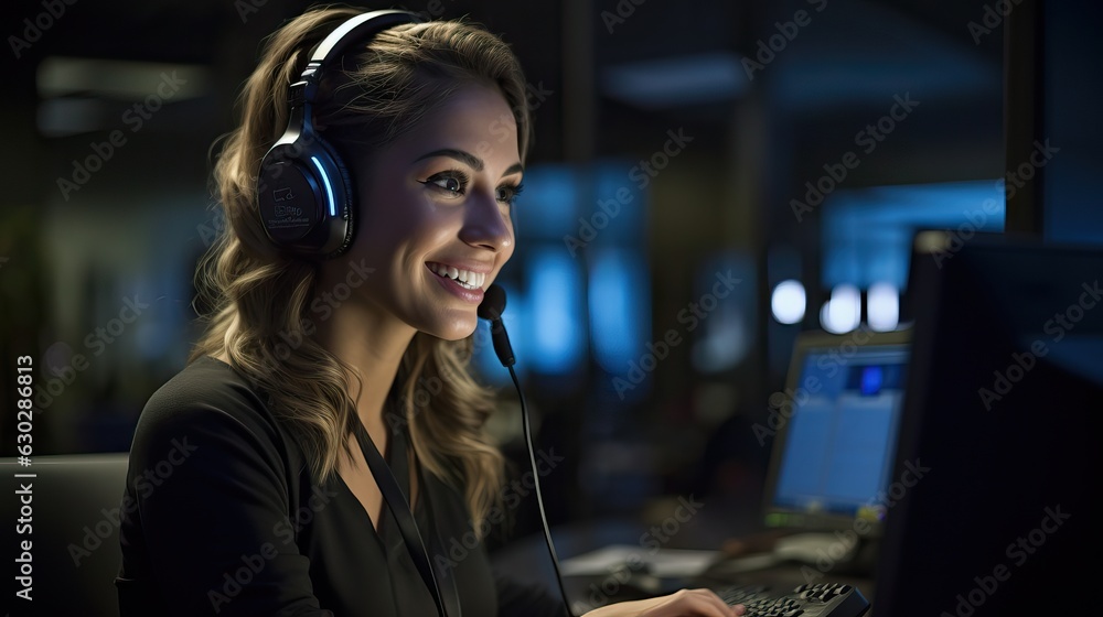Customer service, happy woman at call center, speaking with clients online with computer headset mic Customer service, happy woman at call center, speaking with clients online with computer headset mic