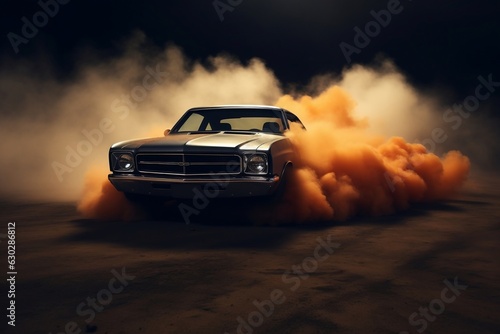 Vintage muscle car in the desert, making clouds. Generative Ai © rzrstudio