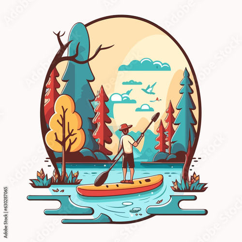 Stand up paddle board man paddleboarding. Summer holidays vacation travel. Cartoon vector