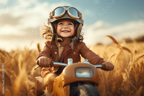 lachender Junge mit Tretroller im Kornfeld photo
