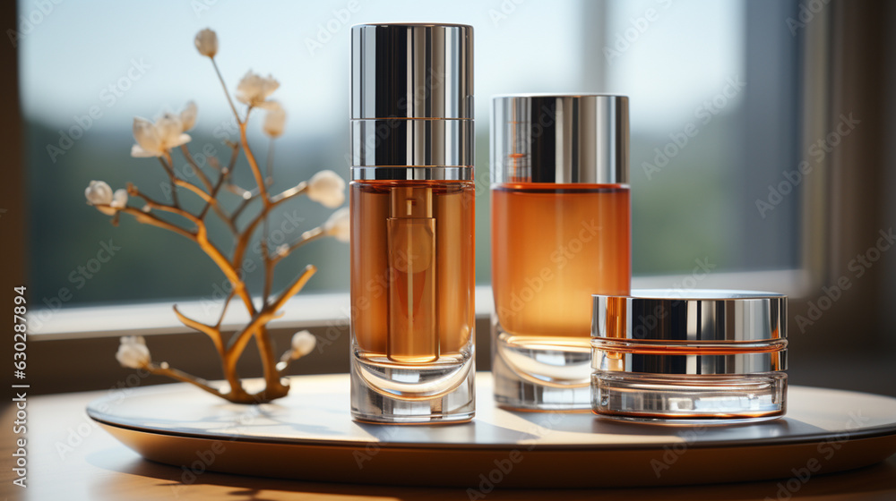 Skincare bottle set product display with beautiful natural background scene. product mockups for skincare, perfume, cosmetics, stylish, beauty product Skincare bottle set product display with beautiful natural background scene. product mockups for skincare, perfume, cosmetics, stylish, beauty product
