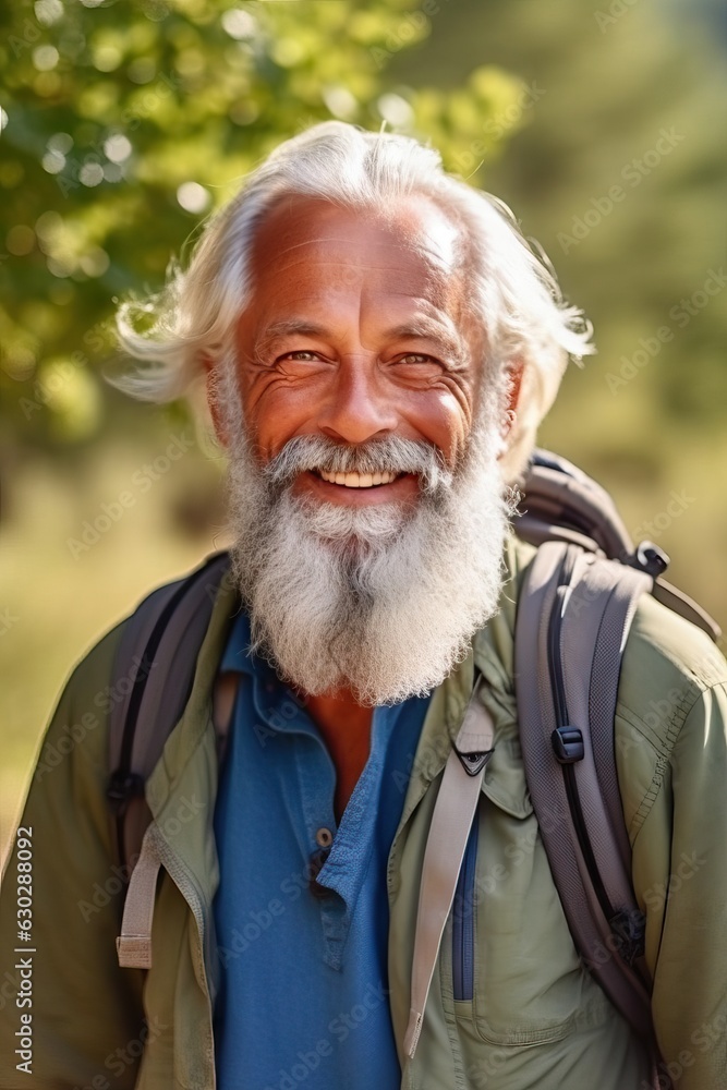 Portrait of a senior man hiking mountain carrying a backpack looking at camera and smiling Portrait of a senior man hiking mountain carrying a backpack looking at camera and smiling