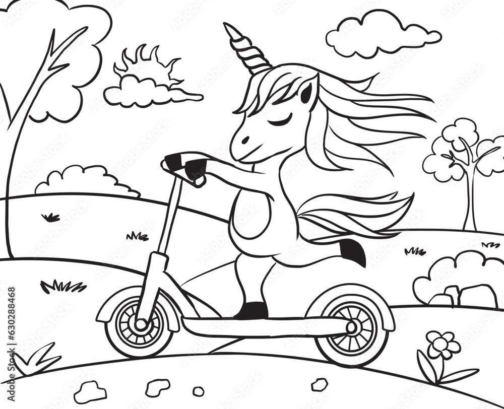 Unicorn riding scooter, Coloring page for kids. Stock Vector | Adobe Stock
