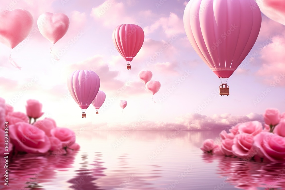 Bright pink ethereal cloudy landscape, hearts, roses, balloons, and wedding concept. 