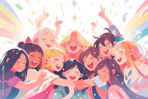 group women friends hugging illustration, anime style illustration, colorful drawing
