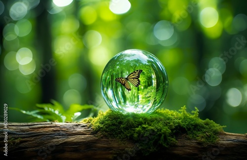 Butterfly and Crystal ball on a tree stump in the forest, natural green background. 
