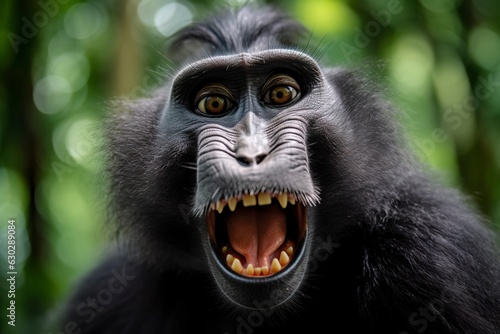 Celebes crested macaque with open mouth. Close up on the green natural background