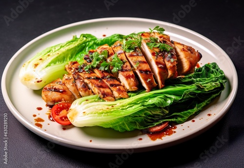 Chicken grill meat served with pak choi vegetables on a plate. 