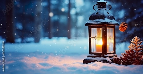 Christmas Lantern On Snow With Fir Branch In Evening Scene. 