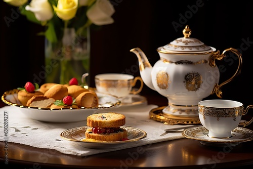 Classical served tea table with biscuits. 