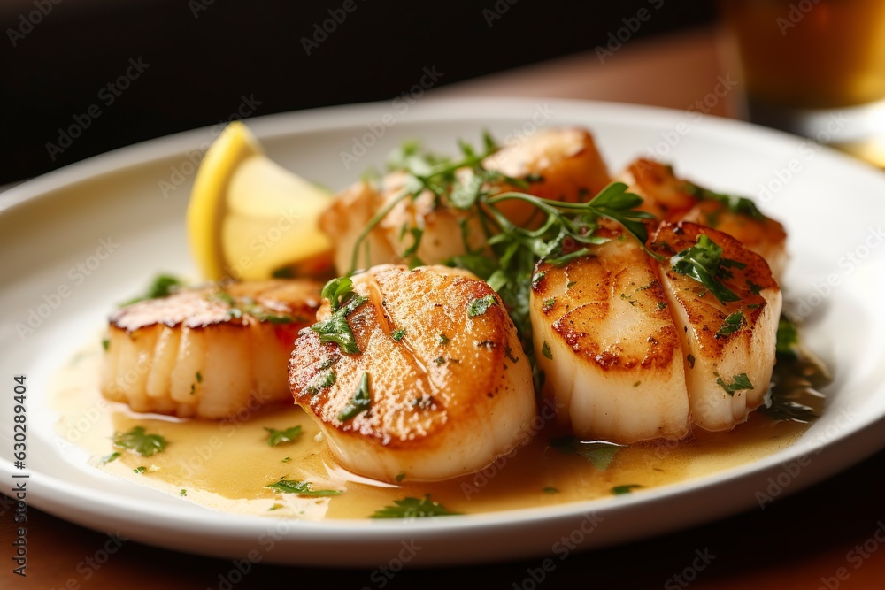 Closeup of pan seared diver scallops with lemon beurre blanc. Closeup of pan seared diver scallops with lemon beurre blanc.