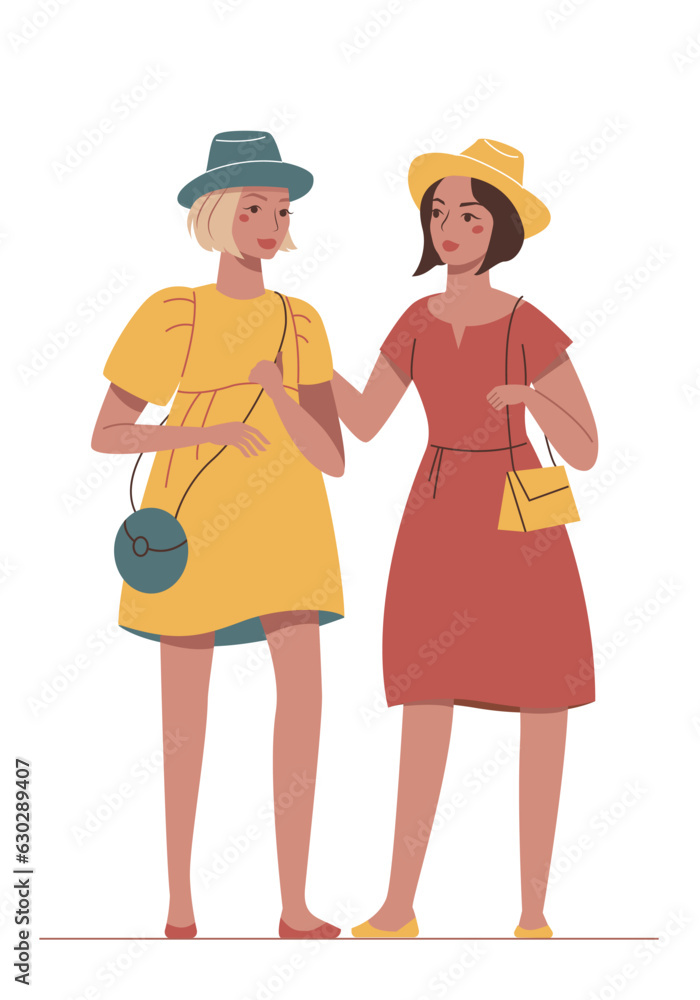 Cute cartoon stylish women in a dress and the hat. Nice fashion girlfriends isolated on a white background. The people talking. Cute cartoon stylish women in a dress and the hat. Nice fashion girlfriends isolated on a white background. The people talking.