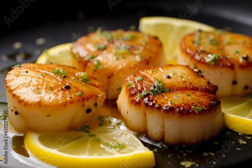 Closeup of pan seared diver scallops with lemon beurre blanc. 