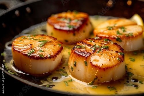 Closeup of pan seared diver scallops with lemon beurre blanc. 