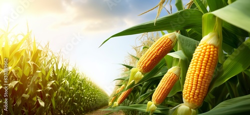 Closeup corn cobs in corn plantation field. 