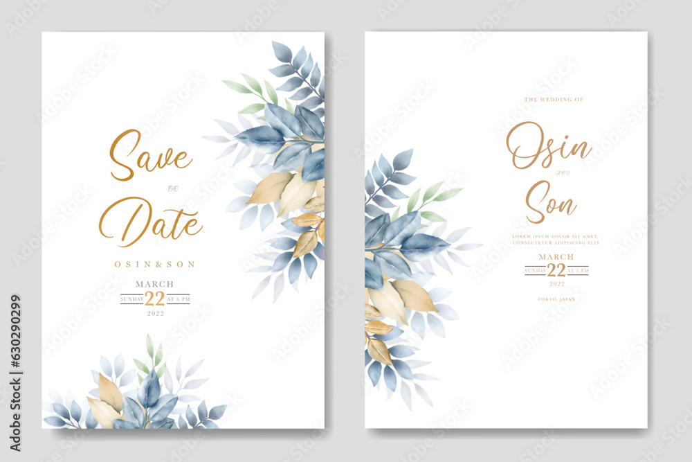 navy blue leaves and gold wedding invitation card watercolor 