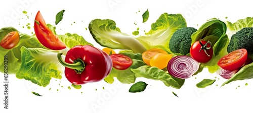 Falling vegetables, salad of bell pepper, tomato, and lettuce leaves.