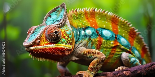 A colorful close up chameleon with a high crest on its head. 