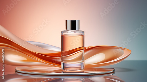 Perfume, skincare bottle product close up display with smooth glowing wave dynamic color background. Bottle mockups display for perfume, cosmetics, skincare, stylish, beauty product
