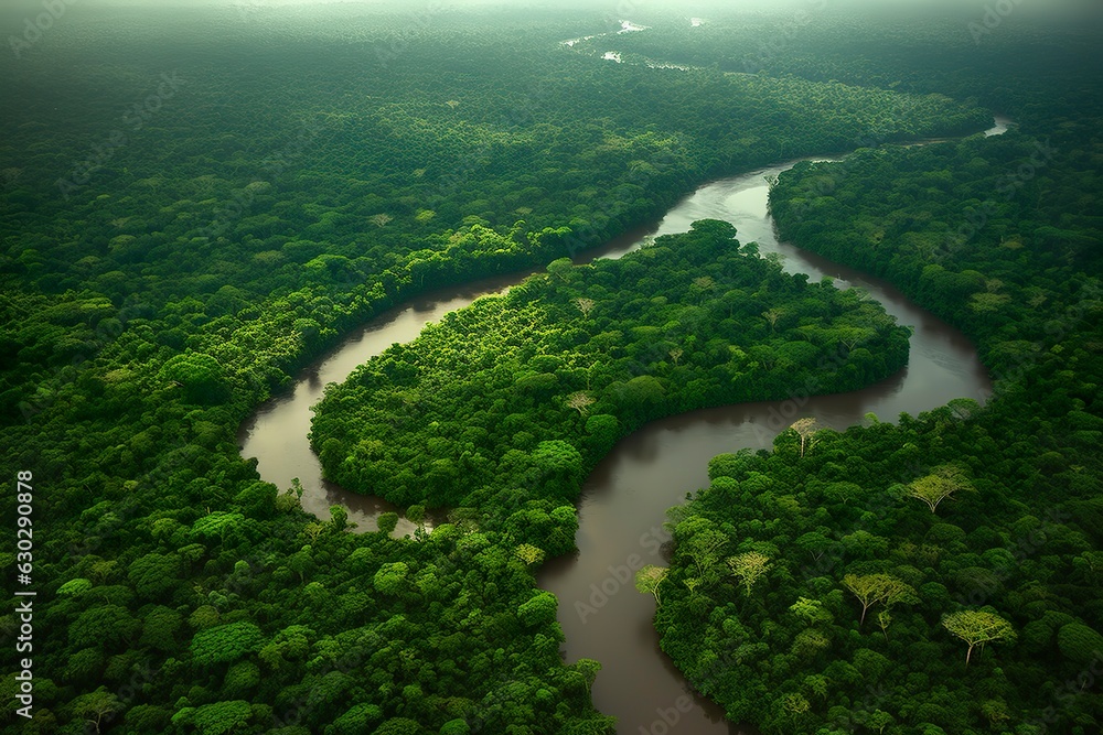 Aerial view of the Amazonas jungle landscape with river bend. Aerial view of the Amazonas jungle landscape with river bend.