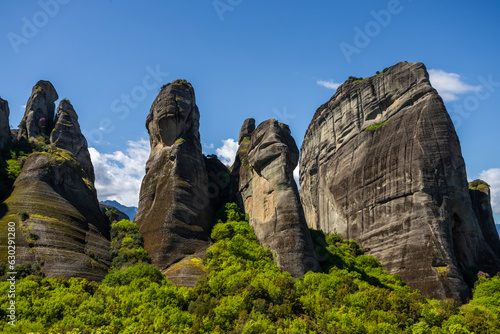 View of natural rounded pillars in Meteora, a unique rock formation in Trikala, Thessaly, Greece. photo