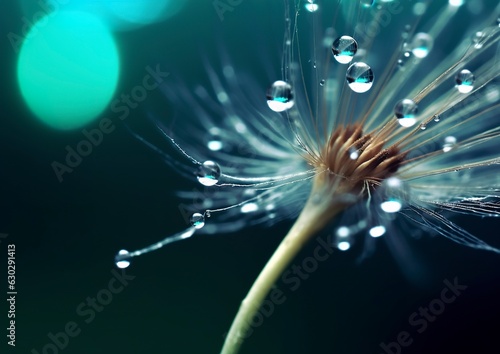 Beautiful dew drops on a dandelion seed macro. Beautiful blue background. 