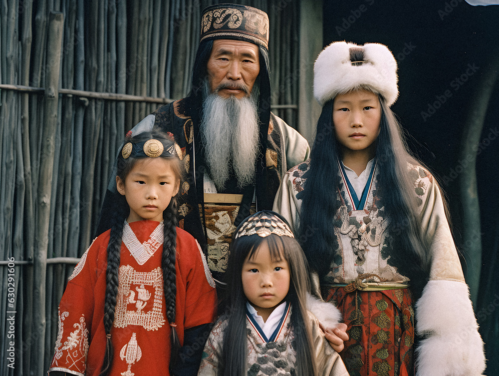 Ainu Family in Traditional Dress: A Generative AI Tribute - obrazy, fototapety, plakaty 