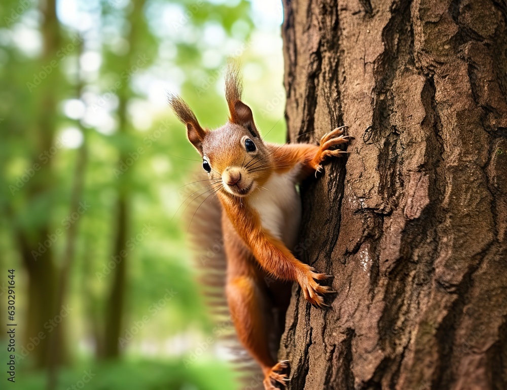Beautiful squirrel on a tree in a forest park in the summer. 