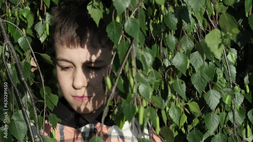 thoughtful boy, seated beneath a tree, introspectively examines the leaf shadows, metaphorically representing the introspection involved in the journey of growing up thoughtful boy, seated beneath a tree, introspectively examines the leaf shadows, metaphorically representing the introspection involved in the journey of growing up