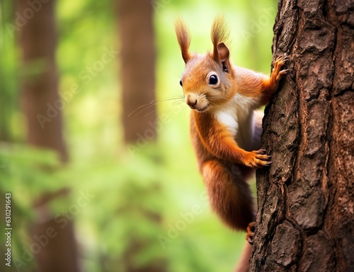 Beautiful squirrel on a tree in a forest park in the summer.  © MstAsma