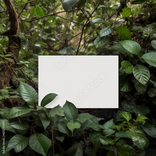 Blank business card on green leaves background. 