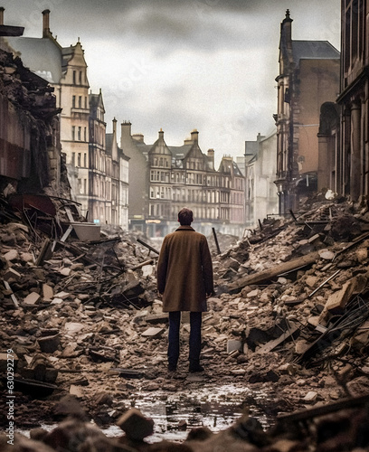 Resilience Amidst Chaos - Elegant man walking through WWII bombed city rubble - generative ai