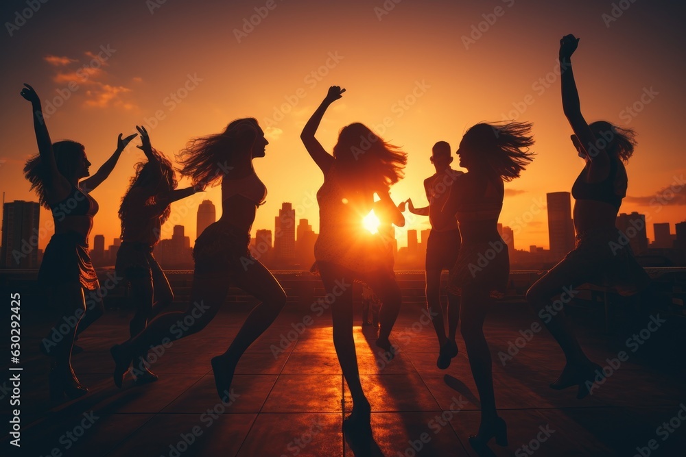Group of people dancing on sunset