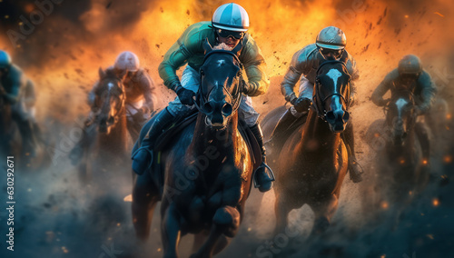 Jockey Rider on Horse Racing. Speeding Towards Success in Equestrian Sport. Action Packed Competition on Turf Track. Gambling, Betting, and Thrills Await.