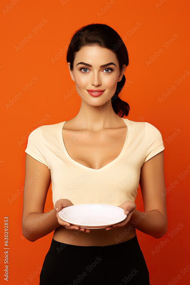 Young beautiful stylish woman holding an empty plate or dish isolated on orange background Young beautiful stylish woman holding an empty plate or dish isolated on orange background