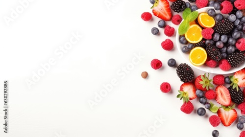  fresh fruits and berries on white background, top view