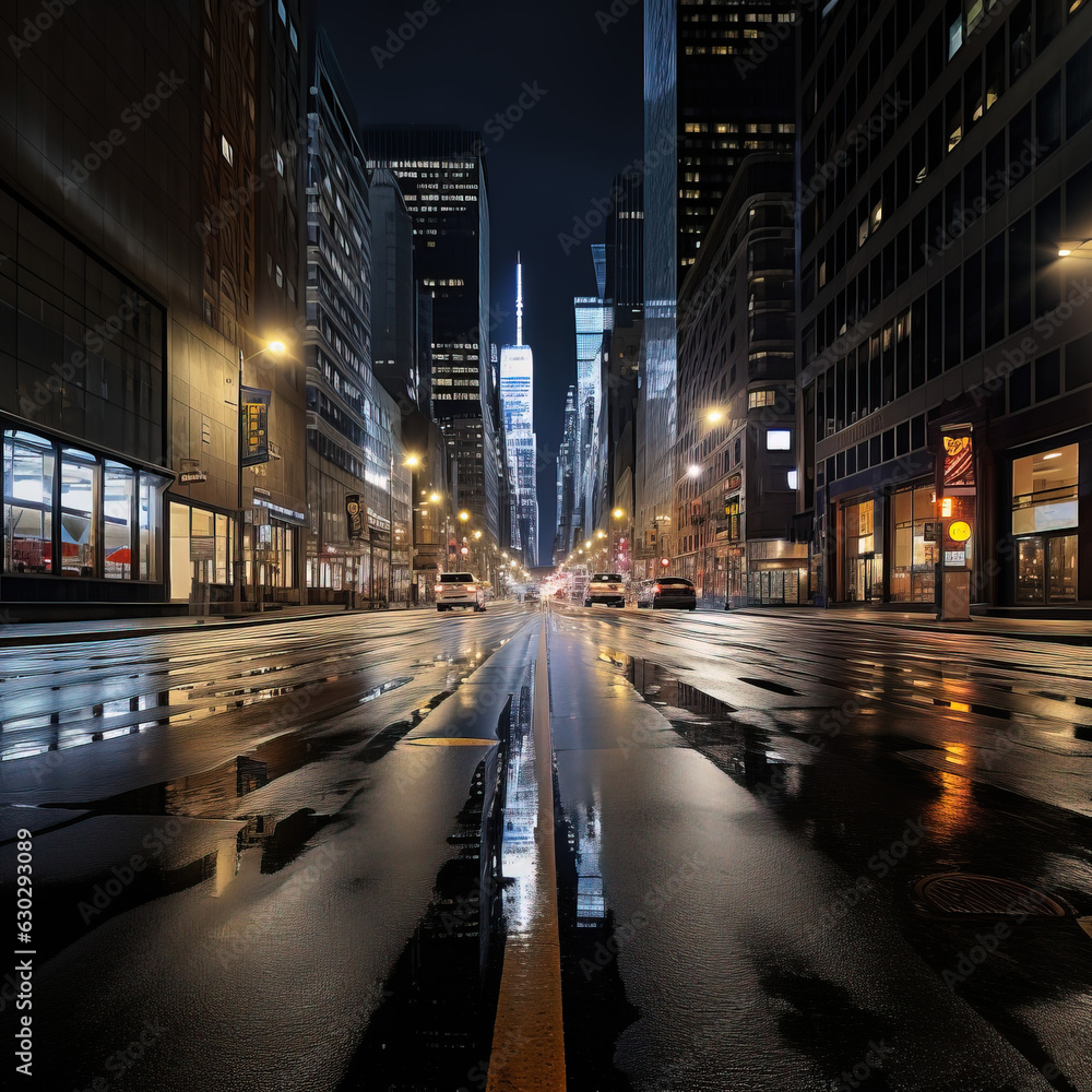 wet city street view at night without traffic